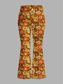 SHEIN MOD Plus Size Women Floral Print Elastic Waist Flare Pants, Casual Suitable For Going Out