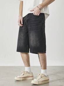 Claim Dot 男士黑色水洗宽松休闲牛仔短裤，都市休闲风格 - 黑色 - 查看 5