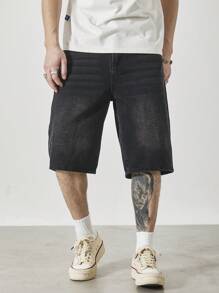 Claim Dot 男士黑色水洗宽松休闲牛仔短裤，都市休闲风格 - 黑色 - 查看 7