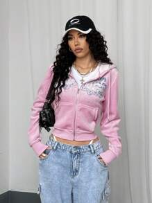 StreetHx Women's Gothic Print With Rhinestones Y2K Style Thermal Lined Hoodie For Autumn/Winter - Pink - View 6