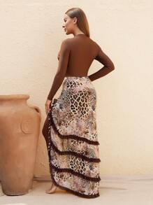 Swim Mulvari Women's Brown Tankini Leopard Print Ruffle Trim Modest Leisure Two-Piece Swimwear, Spring Break Beach - Multicolor - View 1