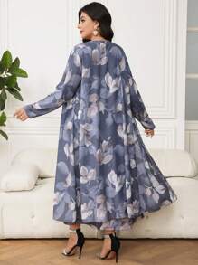 Al Najma Plus Size V-Neck Long Sleeve All-Over Print Top And Casual Dress 2 Pieces Set - Multicolor - View 2