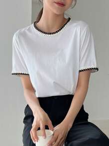 DAZY Camiseta Cuello Redondo Con Ribete De Contraste - Blanco - Ver 9