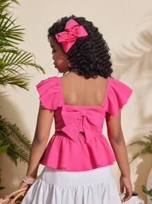 SHEIN Blusa rosada con manga corta, textura de tela, diseño de lazo en la espalda y dobladillo con volantes para niña preadolescente - Rosa - Ver 5