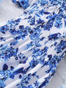 Sparklyn Tween Girls Floral Print Bowknot Short Sleeve Dress - Blue - View 4