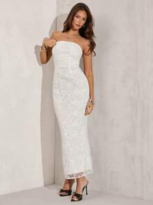 SHEIN BAE White Summer Elegant Wedding Guest Women Party Sleeveless Lace Patchwork Bow Back Slim Mesh Embroidery Long Dress For Cocktail Formal Event - White - View 3