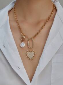 1 件心形吊坠项链，心形罗洛链项链，红色心形吊坠项链，金色多吊坠项链，情人节 - 金色 - 查看 4