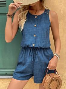 Breezaya Bộ đồ liền thân hở lưng co giãn màu trơn đơn giản giản dị dành cho nữ cổ tròn hở phía trước - Màu xanh lam - Xem 2