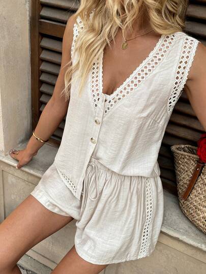 EMERY ROSE 竹结吊带背心和短裤套装，度假和音乐节休闲装