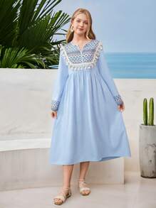 少女几何印花流苏边飘逸连衣裙 - 藍色 - 查看 1