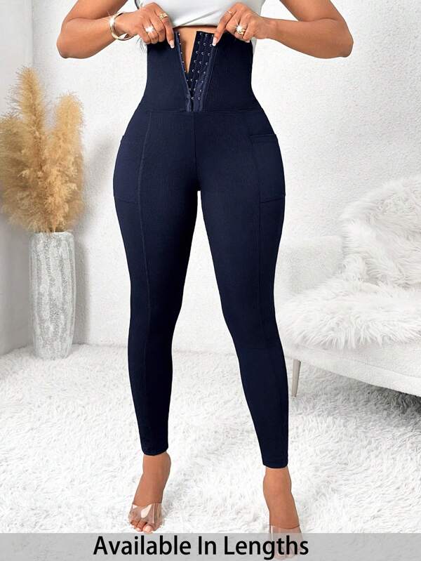 SHEIN Tall CURVE 大码休闲优雅运动黑色针织前扣女式紧身裤