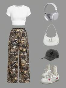 SHEIN EZwear 2pcs/Set Plus Size White Top T-Shirt And Printed Pants - Multicolor - View 4