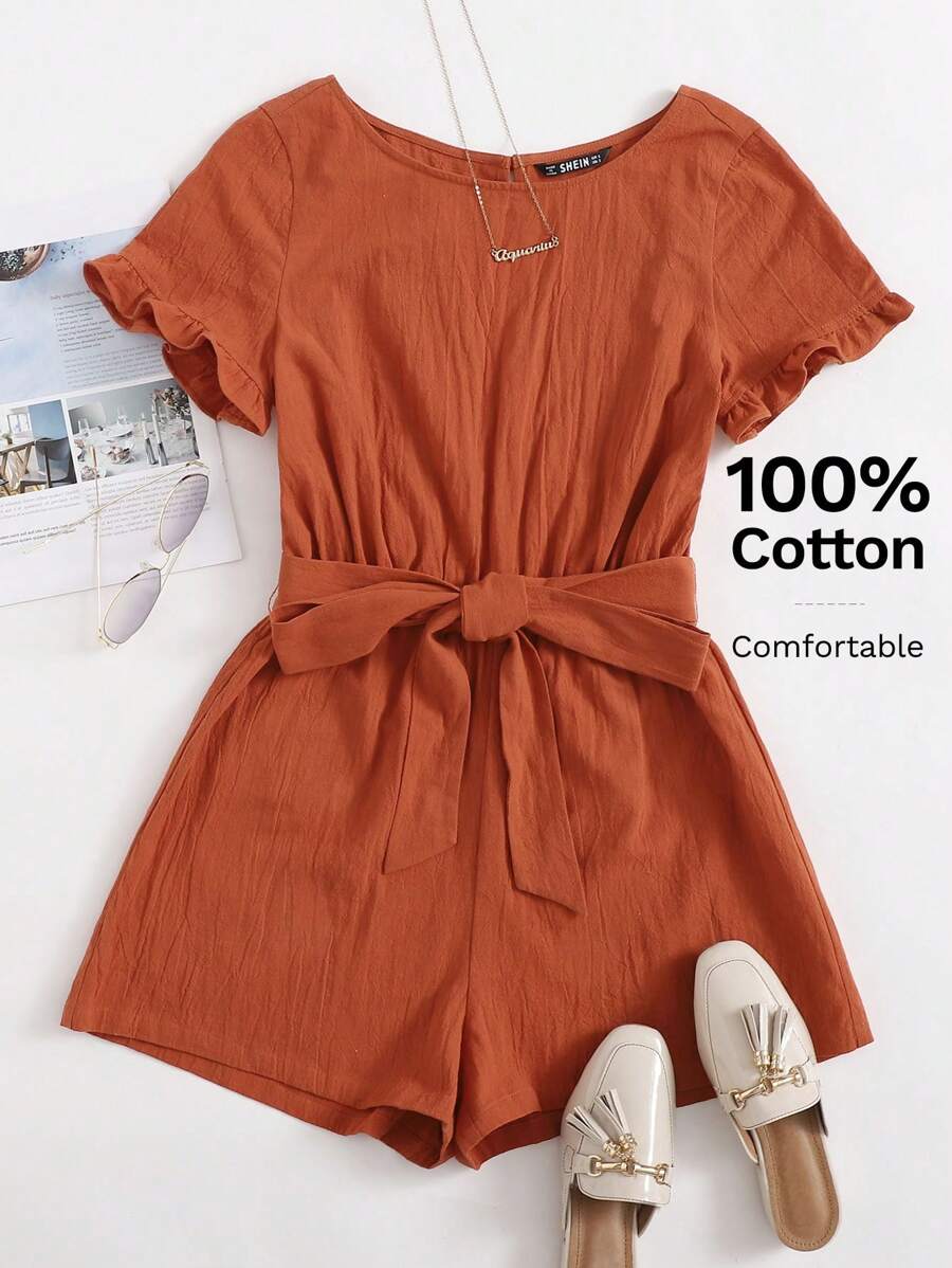 SHEIN LUNE Ruffle Trim Split Back Self Belted Romper - Burnt Orange - View 1