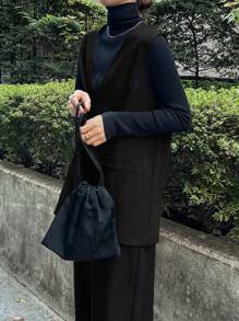 FRIFUL 2件組女款高領純色長袖上衣與長褲套裝，極簡時尚居家休閒套裝 - 黑色 - 查看 2