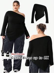 SHEIN CURVE+ Plus Size Women's Top Asymmetric Neck Rib Knit T-Shirt,Valentine's Day Plus Size Christmas - Black - View 1