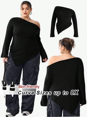 SHEIN CURVE+ 大码女式上衣不对称领口罗纹针织 T 恤，情人节