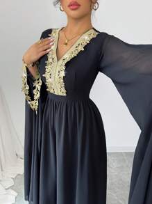 Rafferiza 女士优雅 V 领蕾丝腰 A 字型斗篷袖雪纺长裙，阿拉伯长袍时尚，优雅，斋月，日常穿着，长袍，纯色 - 黑色 - 查看 6