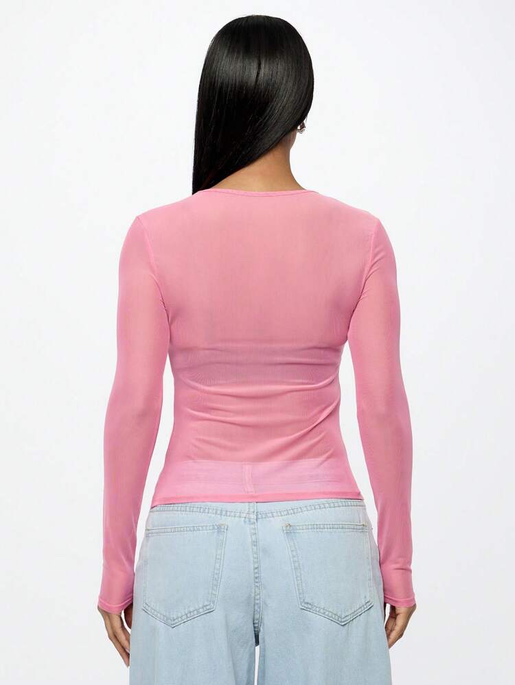 SUMWON WOMEN Fitted Mesh Crop Top Sheer Layering