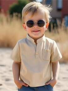 SHEIN 男婴杏色 V 领半襟休闲衬衫上衣，百搭夏季上衣，适合上学、居家、外出、度假 - 杏色 - 查看 8