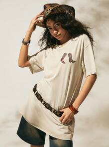 Easelle Áo thun họa tiết bốt cao bồi cổ điển màu mơ đậm phong cách miền Tây dành cho nữ mới 2025, thích hợp cho các lễ hội âm nhạc mùa hè - Màu be - Xem 2