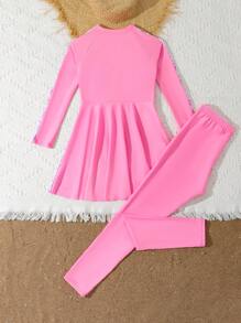 SHEIN Girls' Long Sleeve Leaf Print Zipper Rashguard & Skirt Swimsuit Set, Pink, Sweet & Energetic
