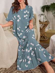 Serenescape 泡泡荷叶边下摆花卉印花长款睡袍，Moo Moo