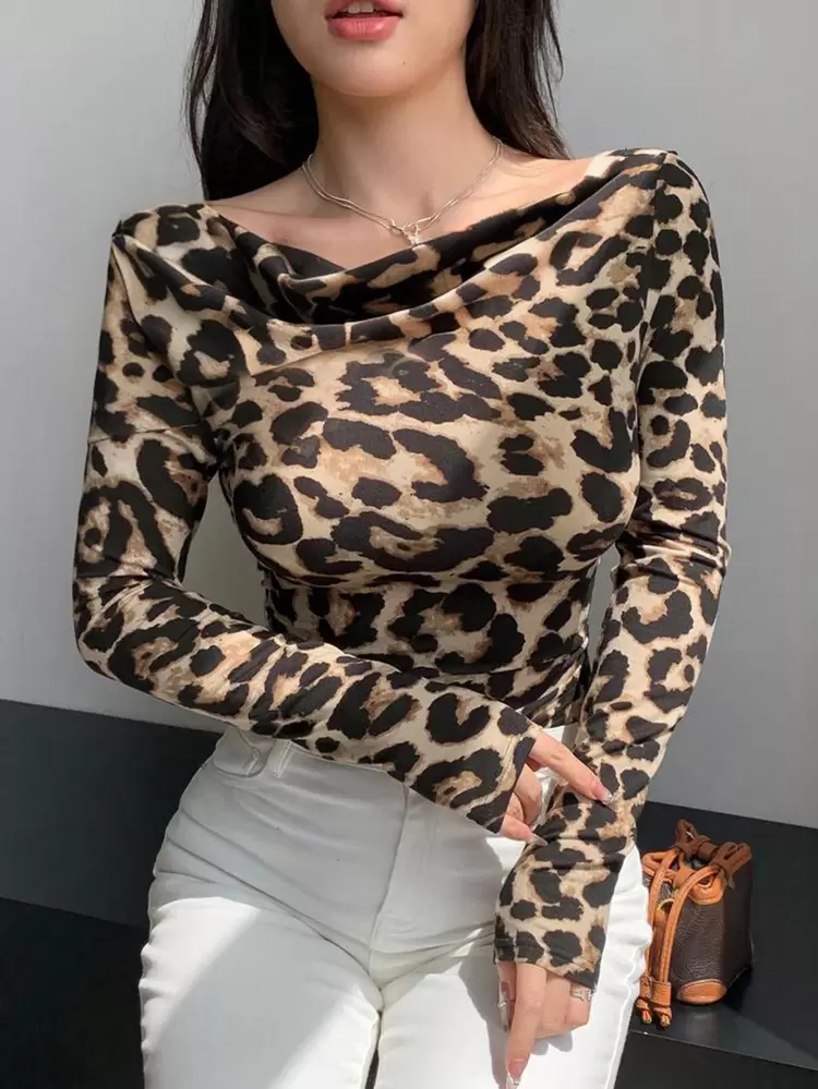 Women's Leopard Print Draped Neck Long Sleeve Slim Fit T-Shirt