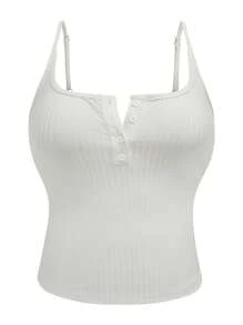 Calvaya Plus Size Women Solid Color Button Half-Placket Casual Camisole
