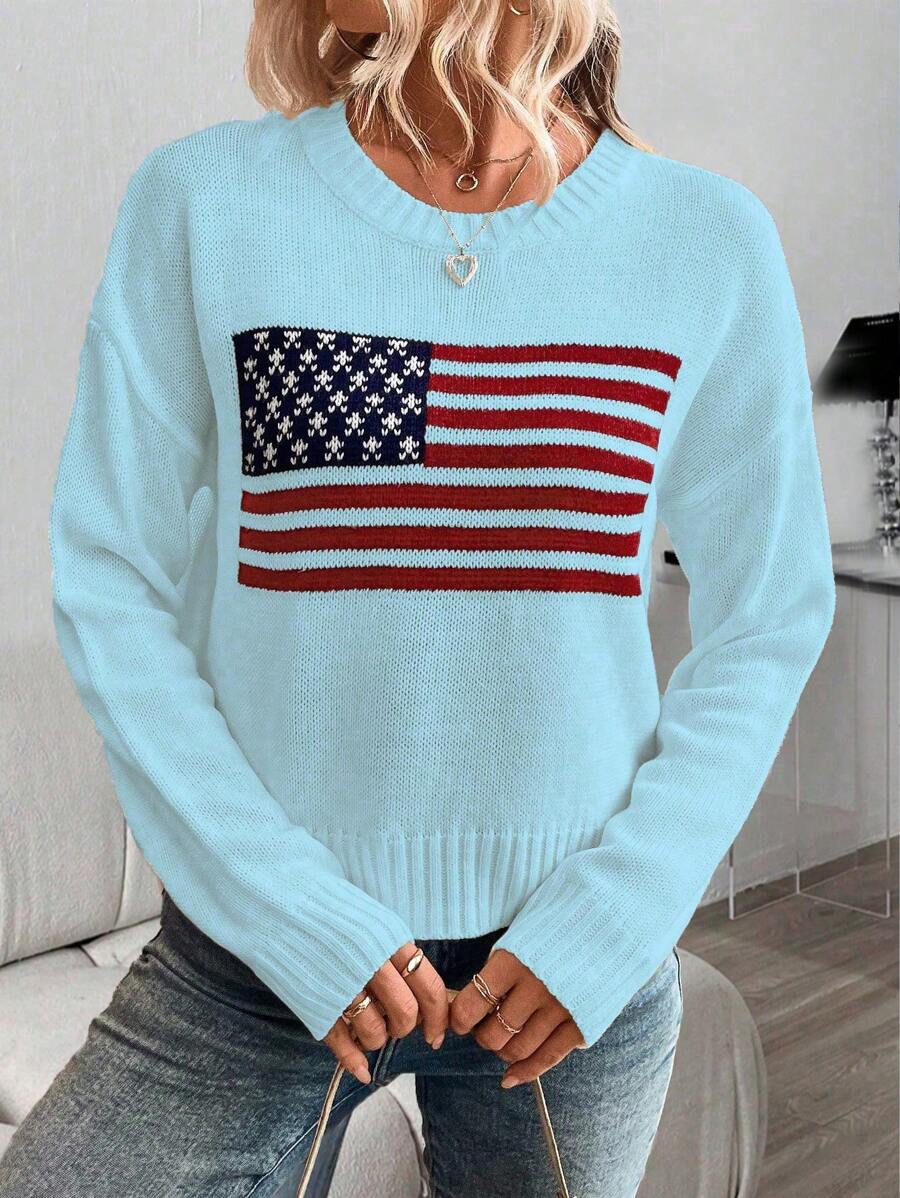 SHEIN LUNE Casual US Flag Pattern Drop Shoulder Sweater, Autumn/Winter Knit Pullover Fall - Blue - View 1