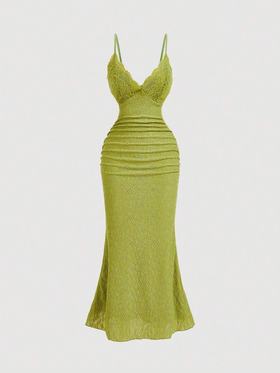 SHEIN MOD Váy suông ren đuôi cá bèo nhún màu trơn thanh lịch cho nữ, Váy nữ thần Hy Lạp, Váy trang trọng, Váy nàng tiên cá, Váy xanh cho nữ, Trang phục nữ, Trang phục tặng quà cho nữ, Váy đêm giao thừa - màu xanh lá - Xem 1