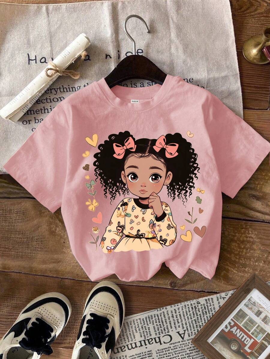 SHEIN Young Girl Casual Pattern Short Sleeve T-Shirt, Suitable For Summer - Coral Pink - View 1