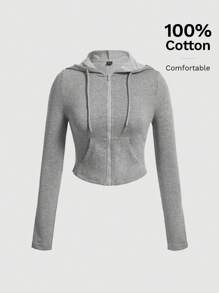 SHEIN MOD Áo hoodie có dây rút kéo khóa cho mùa thu/đông - Xám - Xem 3