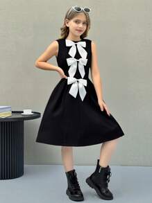 SHEIN Leap Crew Nova Glow Tween Girl 休闲时尚圆领无袖蝴蝶结连衣裙 - 黑色 - 查看 2