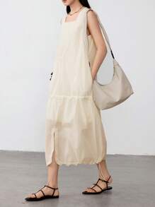DAZY Women's Linen Minimalistic Tie-Up Slit A-Line Sleeveless Midi Dress Old Money Style,Casual Women Dresses Business Casual Woman Work Clothes - Beige - View 1