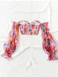 Soleia WYWH Women's Romantic Casual Vacation Dress, Suitable For Easter, Graduation, Wedding, Back To School, Party, Garden Tea - Cute Girl Style, Watercolor Floral Print, Off Shoulder Twist Blouse, Made Of Organza