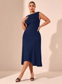 SHEIN BAE Plus Size Women's Simple Solid Color Sleeveless Daily Dress, Suitable For Valentine's Day, Summer, Birthday, Formal Events, Parties, Minimalist Style - Navy Blue - View 4