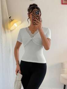 Chiquease Women V-Neck Lace Bodycon Short Sleeve Twist Front Top - White - View 5