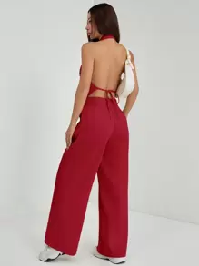 PETITE Conjunto de blusa sin mangas de escote en V y pantalón de pierna ancha para oficina en primavera/verano, diseño estilizante y alargador para usar en la calle - Negro - Ver 9