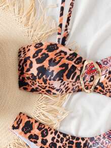 SHEIN Swim 2 件套女式 Springbreak 随机印花抹胸上衣和高腰性感短裤成人沙滩比基尼套装 - 彩色 - 查看 8