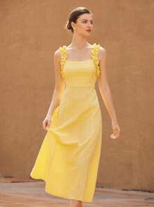 Aveloria Rosie Pale Yellow Asymmetrical Bubble Geometric Embossed Textured Fabric Ruffled Shoulder Strap Romantic Elegant Waisted Vacation Slip Dress For Women  Old Money Style For Summer - Yellow - View 5