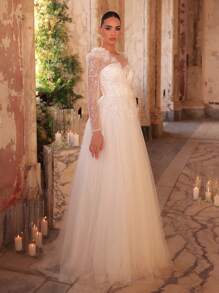 Glamrae 优雅奢华刺绣串珠 3D 花卉透明长袖泡泡纱舞会礼服，带拖尾，适合婚礼、舞会、派对、度假、婚纱 - 米色 - 查看 6