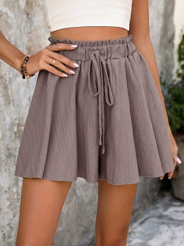 Breezaya Women's Solid Color Frill Trim Drawstring Waist Loose Casual Culottes