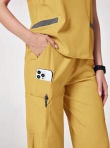 TaskEZ 2pcs Women's Contrast V-Neck Short Sleeve Pocket Top And Pants Scrub Uniform Set - Yellow - View 5