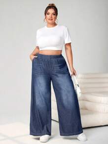 SHEIN CURVE+ Jeans oversize da donna con vita con laccetto, gamba ampia e leggeri