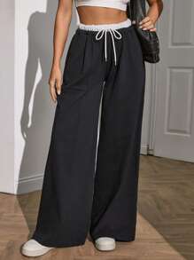 EURMUSE Petite Size Women Extra Belt And Drawstring Detailed Bottom Sweatpant Black Pants - Black - View 1