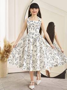 SHEIN Tween Girl 2 Pieces Floral Print Halter Neck Top And Midi Skirt Set