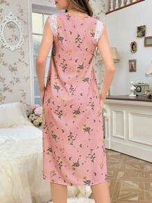 CottageSlumber Square Neck Contrast Lace Floral Print Nightgown Babydoll Perfect Summer, Moo Moo Bountiful Floral Splendor - Pink - View 2