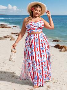 SHEIN VCAY Plus Size Holiday Island Romantic Casual Navy Red Ocean Shell Tie-Back Bow Cami Matching Long A-Line Slit Hem Skirt 2 Pieces Set, Spring/Summer, Sailor Style South Beach Outfits Coast Outfits Summer South Beach Outfits Easter Outfit Women Rave Outfits Country Concert Outfit Nashville Outfits Coachella Outfits Ibiza Outfits Vacation Two Pieces Set Tropical