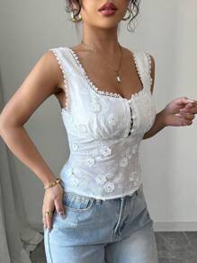 Selianne 女士优雅别致办公室休闲舒适度假无袖收腰后半襟荷叶边刺绣面料纯色衬衫