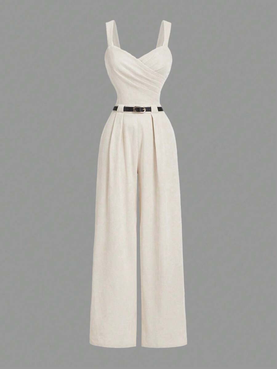 SHEIN Tall Casual Commuting Solid Color Jumpsuit With Belt - Apricot - View 1